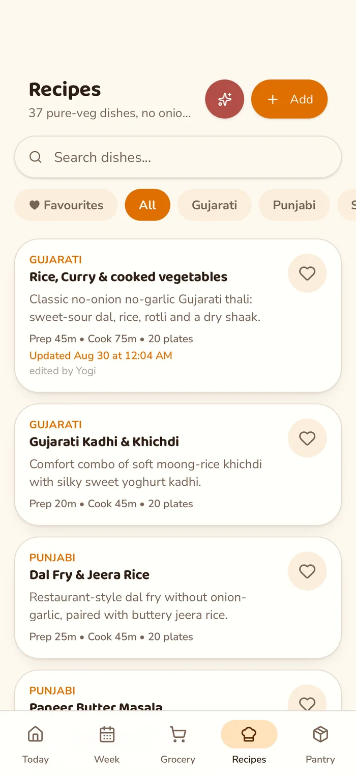 The Recipes tab: a searchable recipe book filtered by cuisine, each dish showing
                      prep time, cook time and how many it serves.