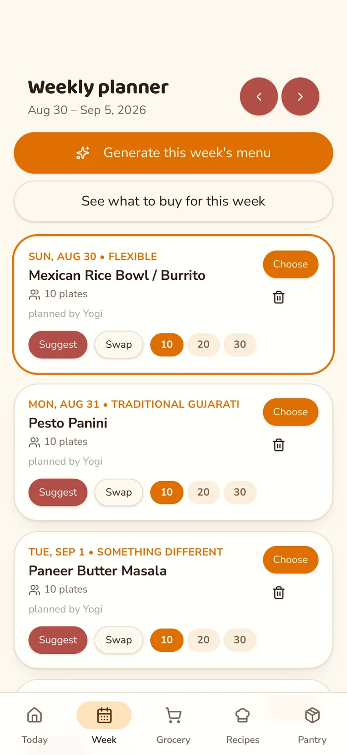 The Week tab: a dish for each day, a button to generate the week's menu, and
                      controls to swap a dish or change how many people it serves.